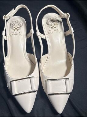 Vince Camuto Cream Pointed-Toe Slingback Pumps with Decorative Buckle